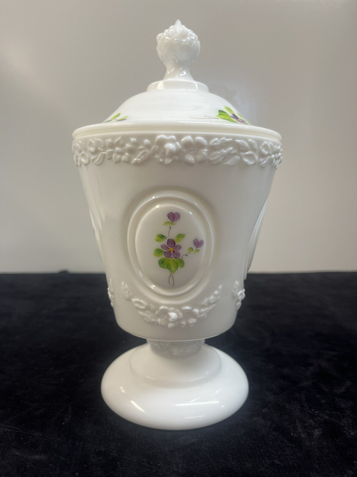 Fenton  Candy Dish "Violets in the Snow"  Milk Glass artist signed A Mullins