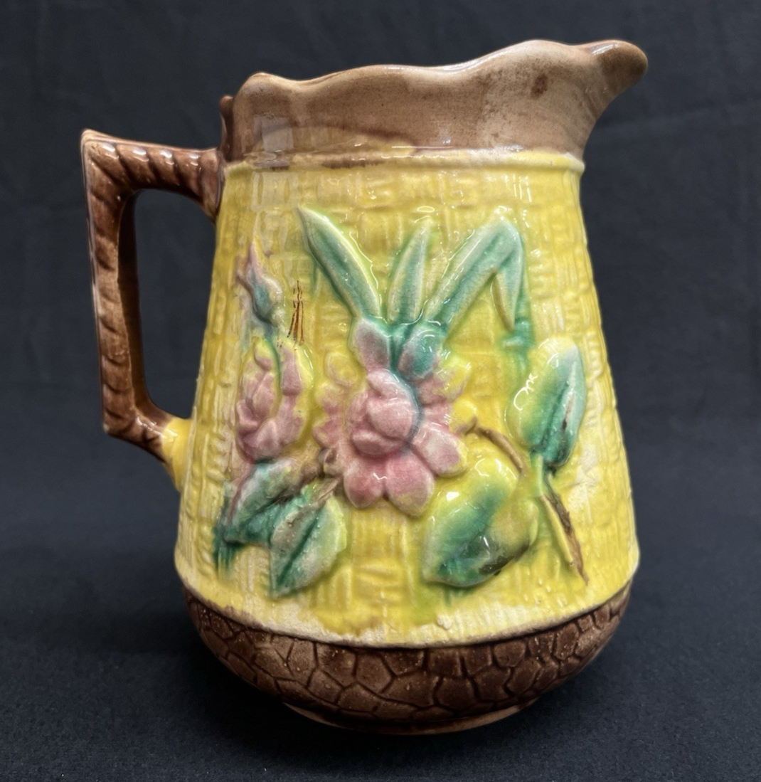 Majolica Basketweave Floral Design Brown and Yellow Jug/Pitcher 6 3/8"