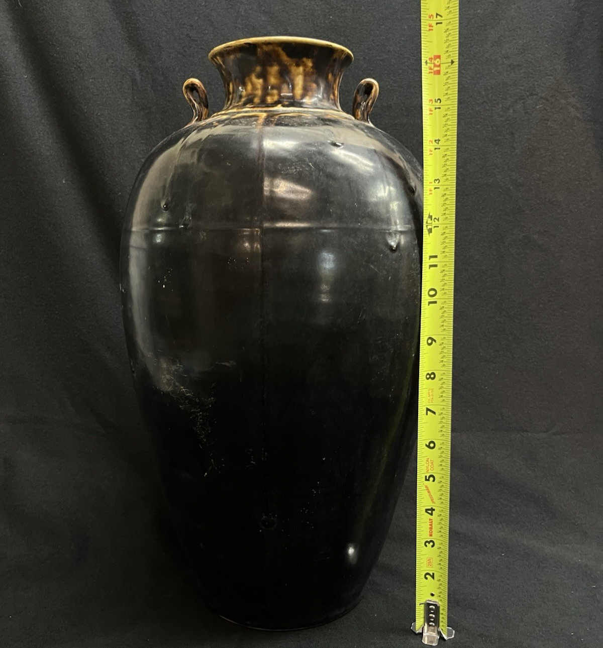 Midcentury Burmese Martaban Brown Drip Glaze Stoneware Vase 17"