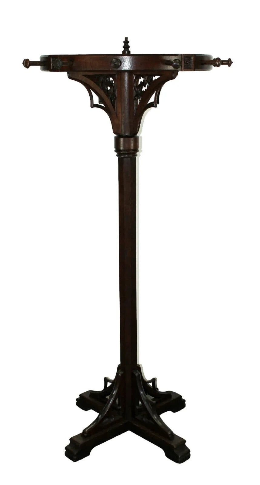Antique French Gothic Revival Carved Oak Round Pedestal Rotating Coat Tree Rack