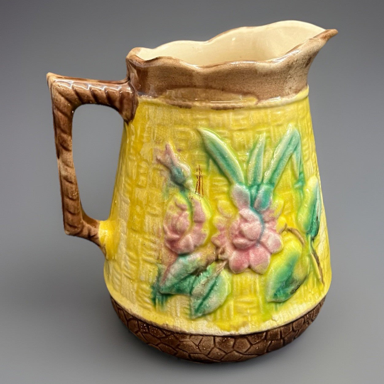 Majolica Basketweave Floral Design Brown and Yellow Jug/Pitcher 6 3/8"