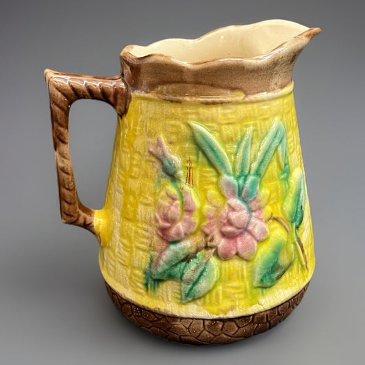 Majolica Basketweave Floral Design Brown and Yellow Jug/Pitcher 6 3/8"