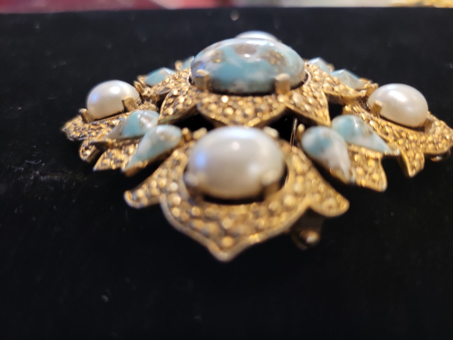 Vintage Sarah Coventry Faux Pearls & Turquoise Brooch Pin Pendant