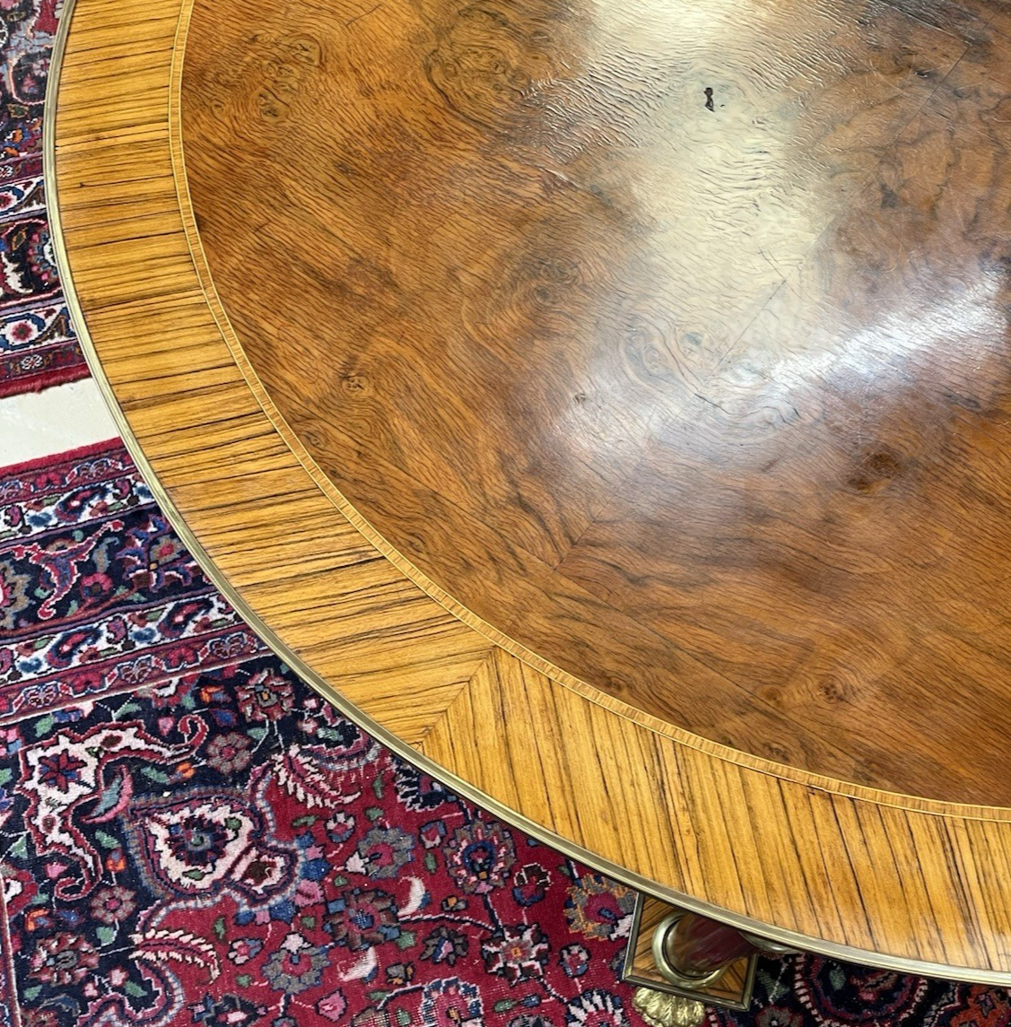 66" LARGE ROUND EMPIRE STYLE FIGURED BURL WALNUT CENTER ENTRYWAY TABLE