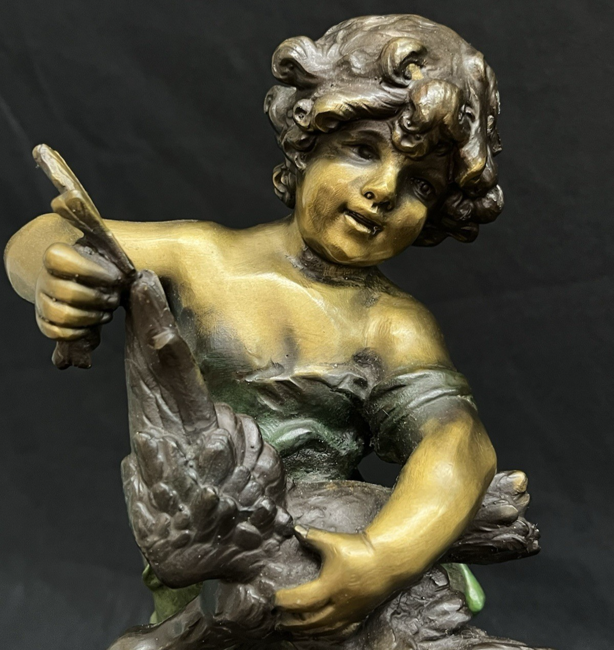 Vintage Auguste Moreau Bronze Sculpture on Marble Base Child w/ Goose Copr. 1906