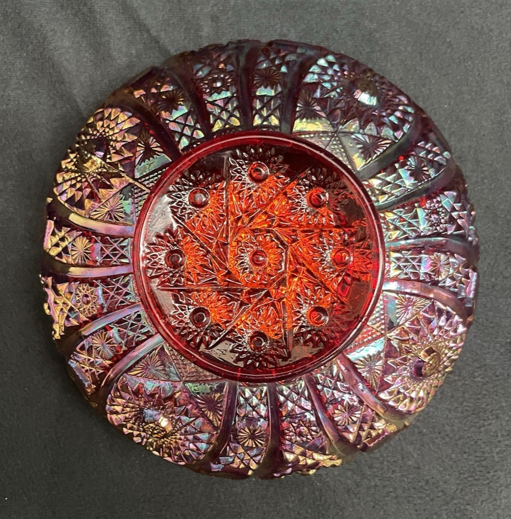 Imperial Glass OH Daisy & Button Rainbow Sunset Carnival Red Round Bowl 8"