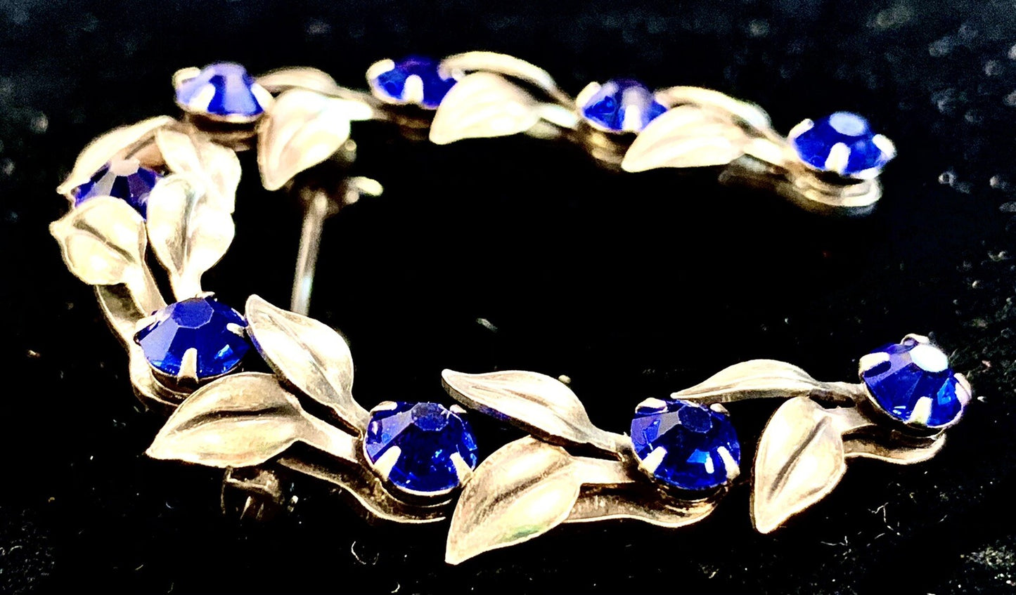 Vtg  Sterling Silver Horseshoe Faux Sappphire Stones Leaves Brooch Pin 7.8 gr