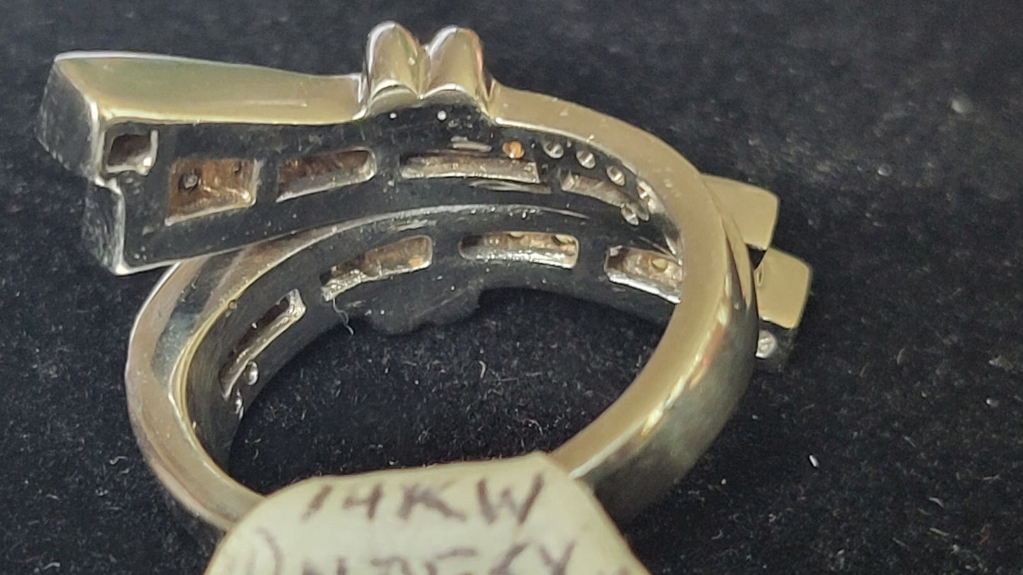 14K White Gold,Diamond By Pass or Bow Tie Ring Size 7, 11.8 grams