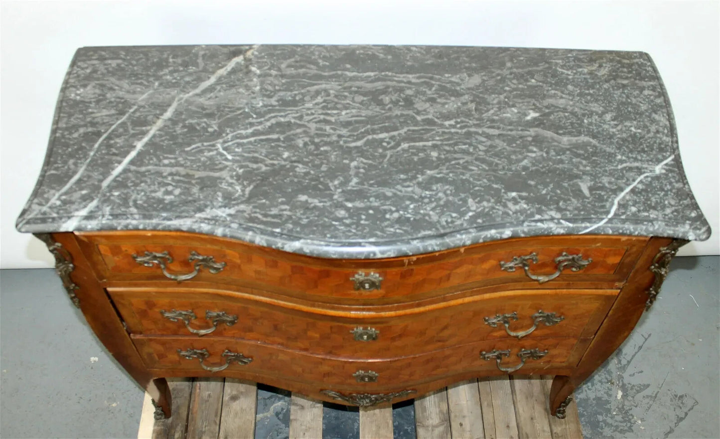Antique French Louis XV Commode Chest of Drawers Marble Top Marquetry Pattern