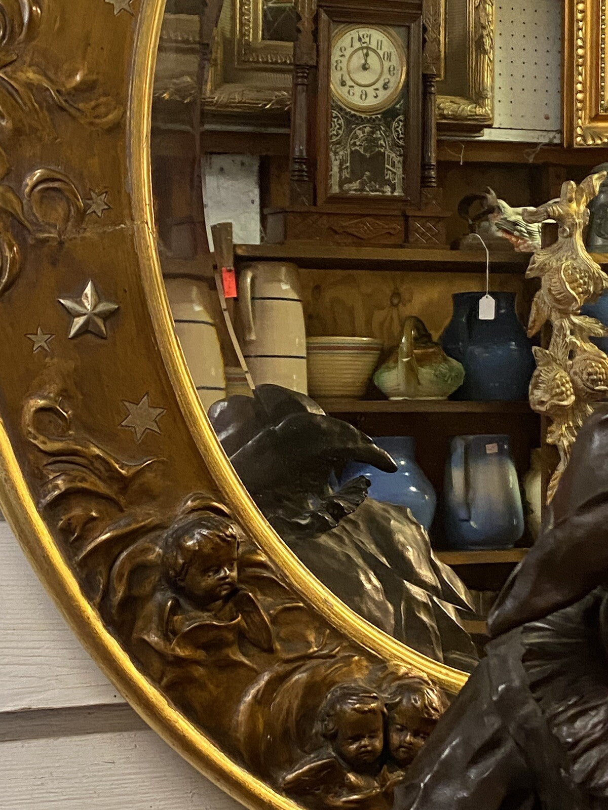Antique Victorian Gold Oval Mirror w/ Cherub Faces and Wings