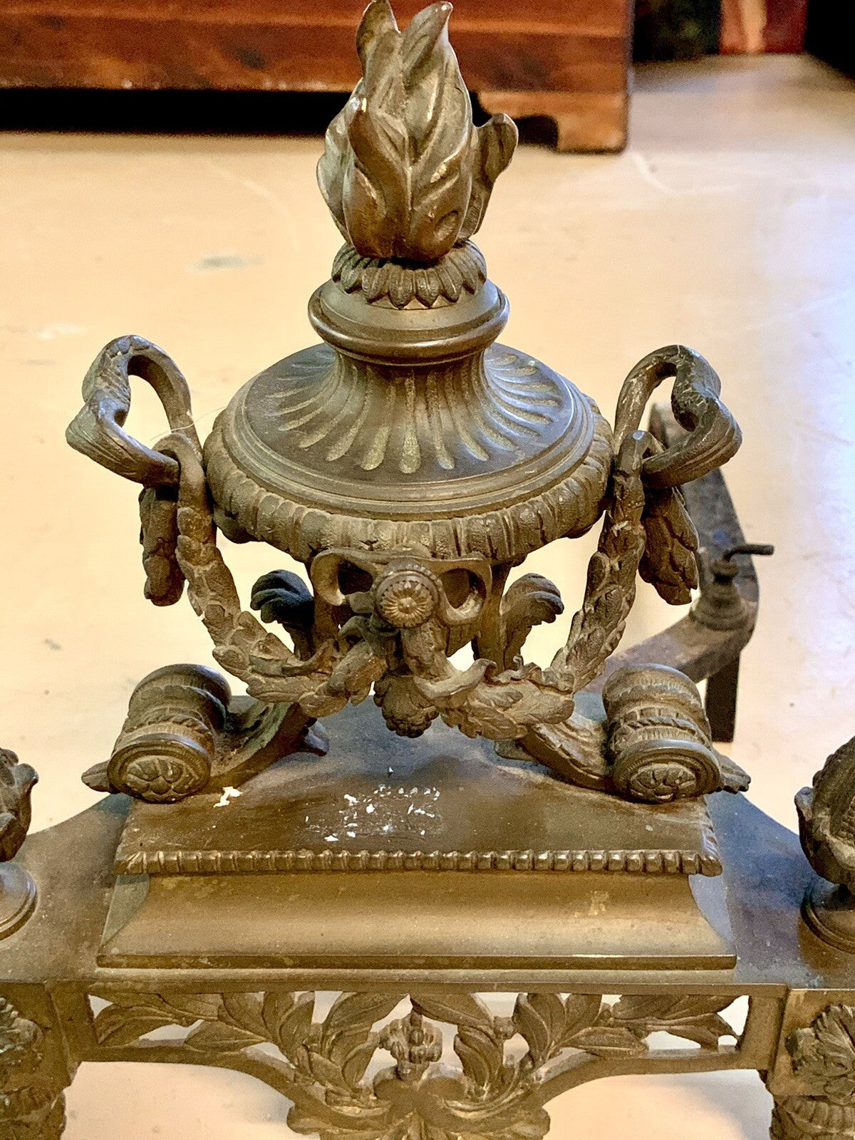 Pair Antique French Bronze Louis XVI Style Chenets Andirons Fireplace Fire Dogs