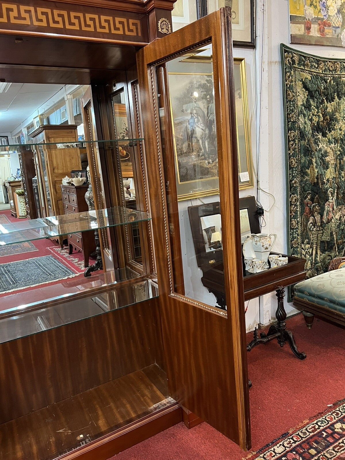 French Empire 2 Door Cabinet w Glass Shelves Inlaid Designs