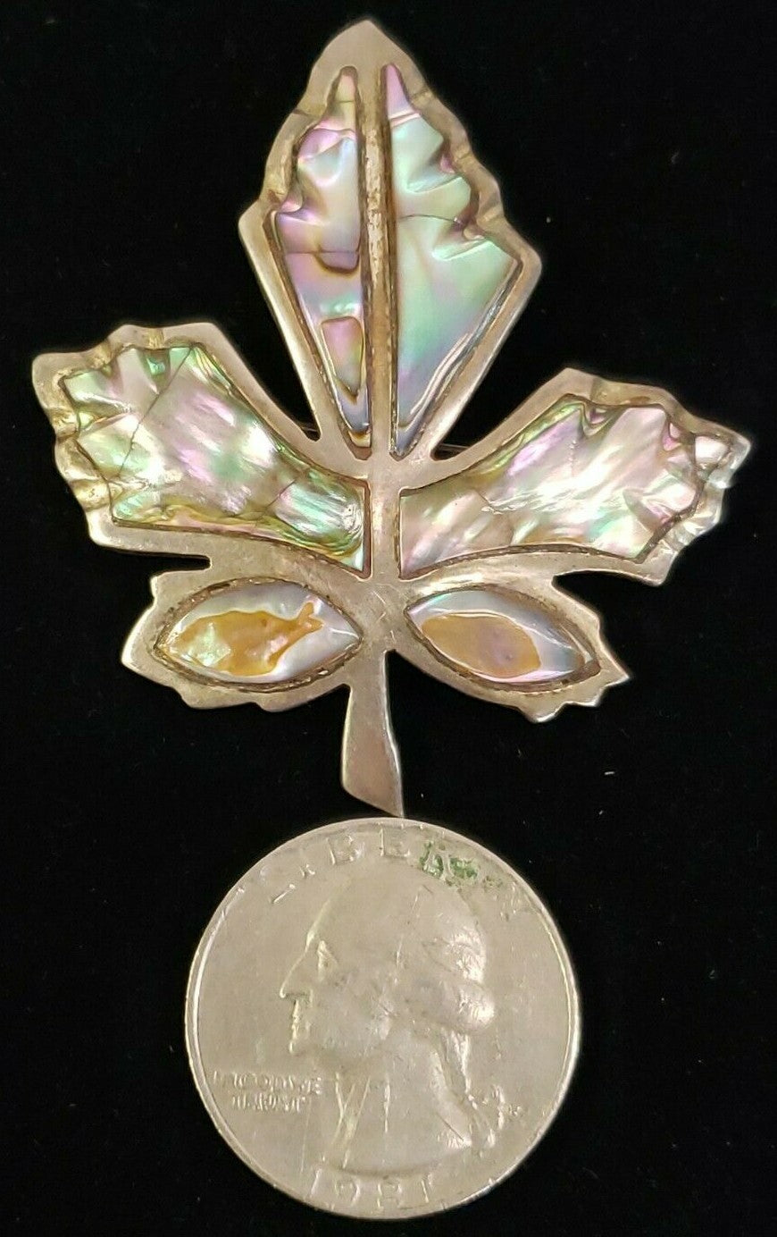 Vintage Signed Jose NS Taxco 925 Sterling Silver Abalone Maple Leaf Brooch