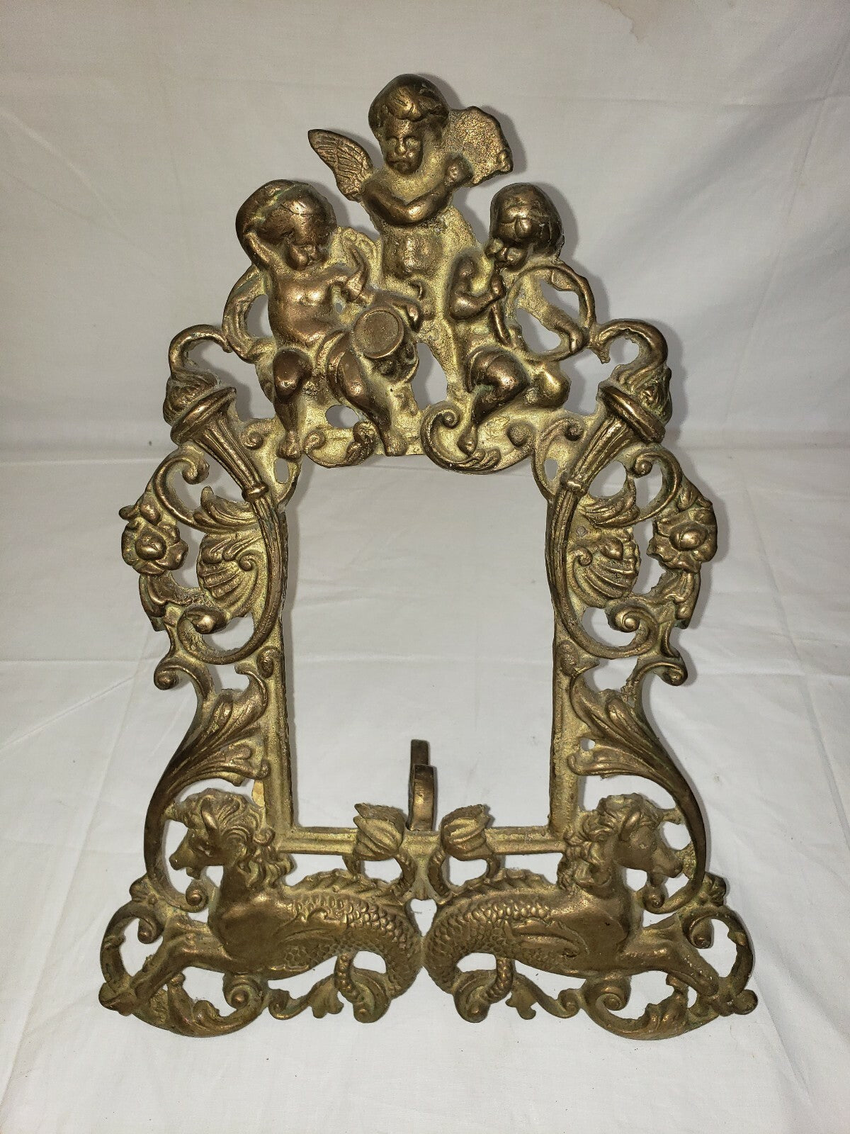 Antique Gilt Cast Iron Picture Frame  Cherubs Sea Horses Tabletop w Leg H 13"