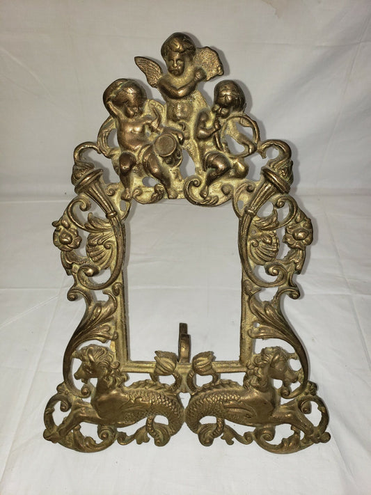 Antique Gilt Cast Iron Picture Frame  Cherubs Sea Horses Tabletop w Leg H 13"