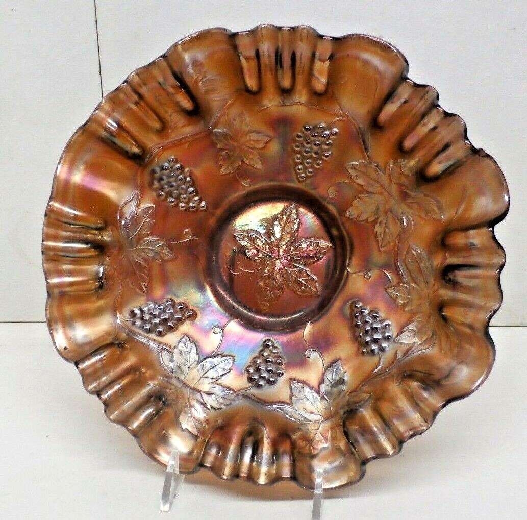 Fenton Amethyst 1907 "Vintage" Grape and Leaves Carnival Glass Bowl 8 1/2"