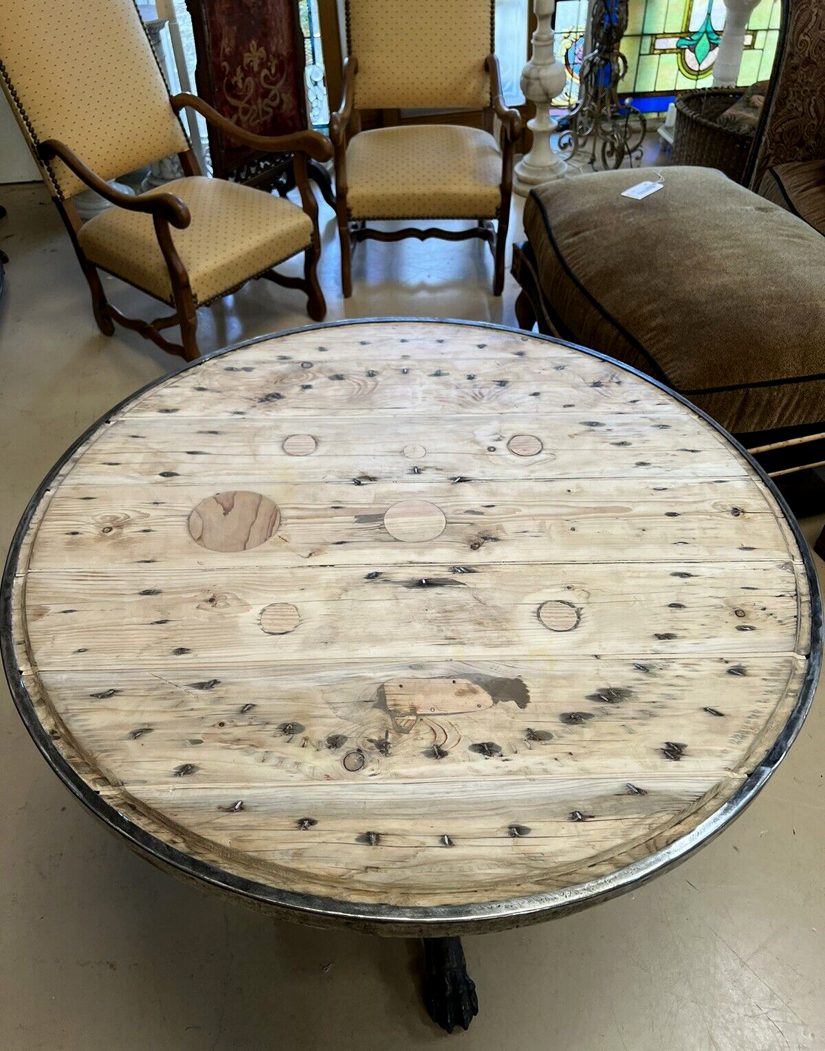 French gueridon table with planked top with stainless edge