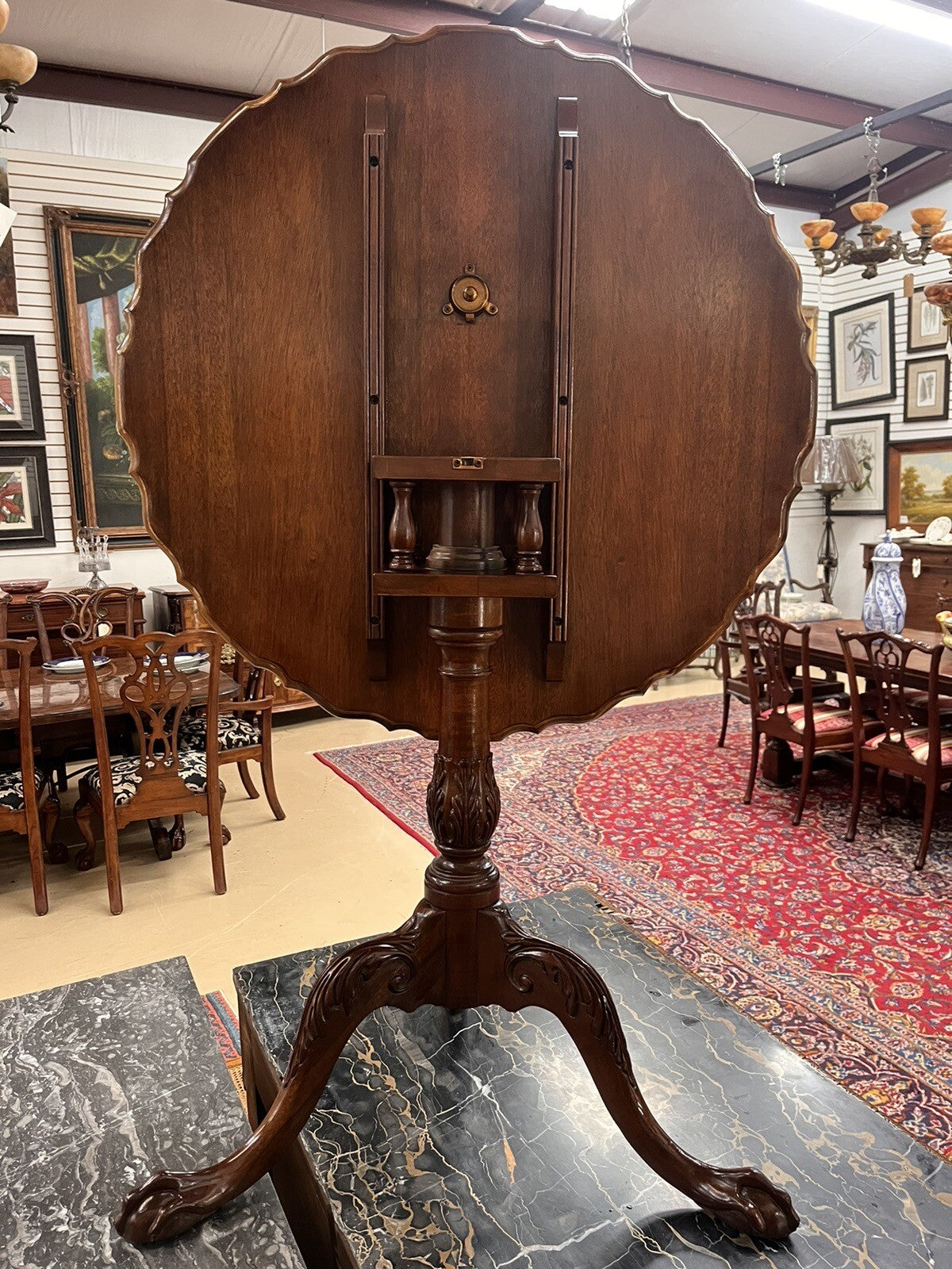BAKER MAHOGANY PIE-CRUST TILT-TOP TRIPOD TEA TABLE BIRDCAGE