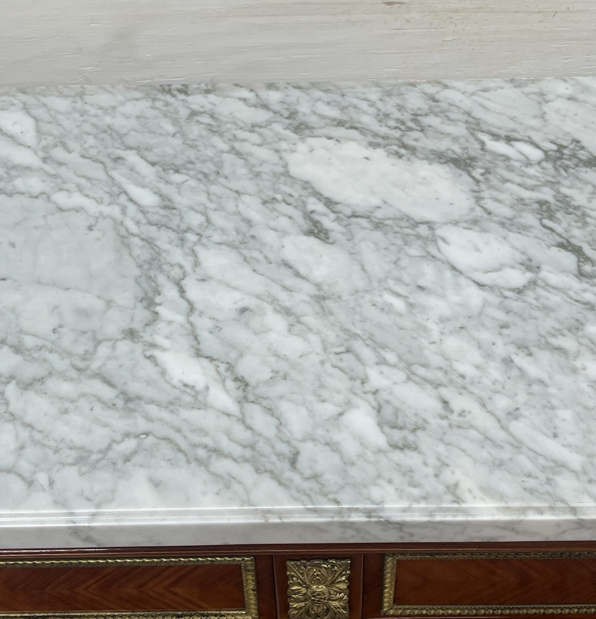 FRENCH LOUIS XVI MARBLE-TOP LACQUERED MARQUETRY DEMILUNE ENFILADE SIDEBOARD 105"