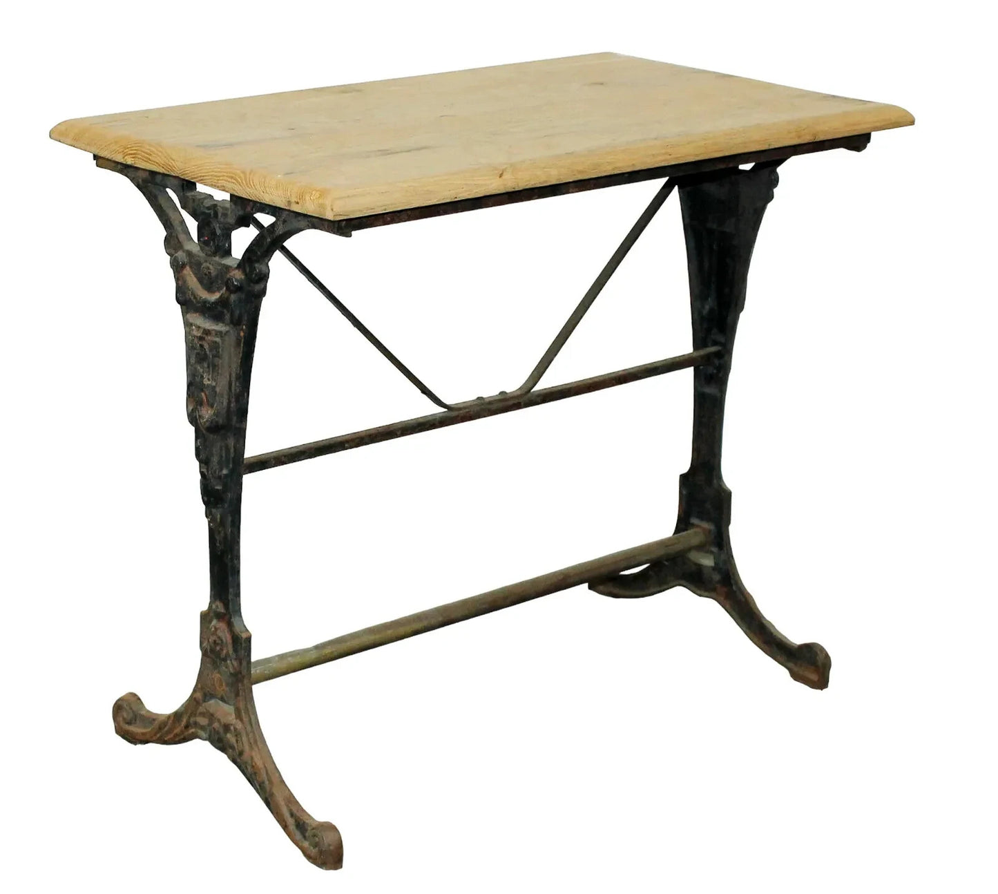 Antique French Art Deco bistro table w/ cast iron base natural white oak top