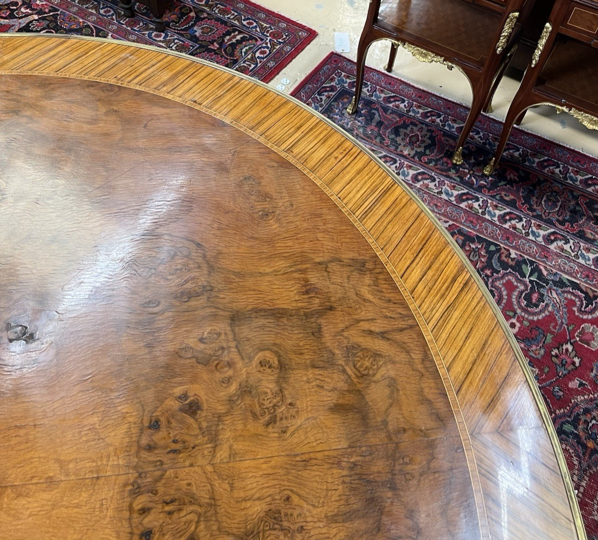 66" LARGE ROUND EMPIRE STYLE FIGURED BURL WALNUT CENTER ENTRYWAY TABLE