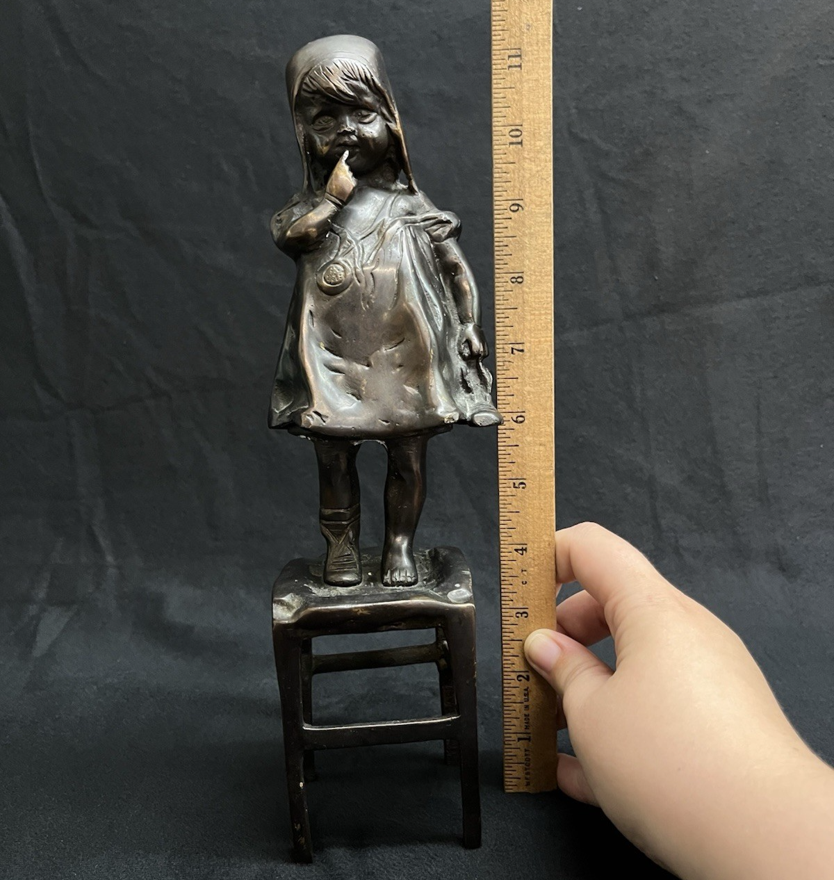 Antique After Juan Clara Bronze Sculpture Girl on Chair w/ One Shoe 11.5"