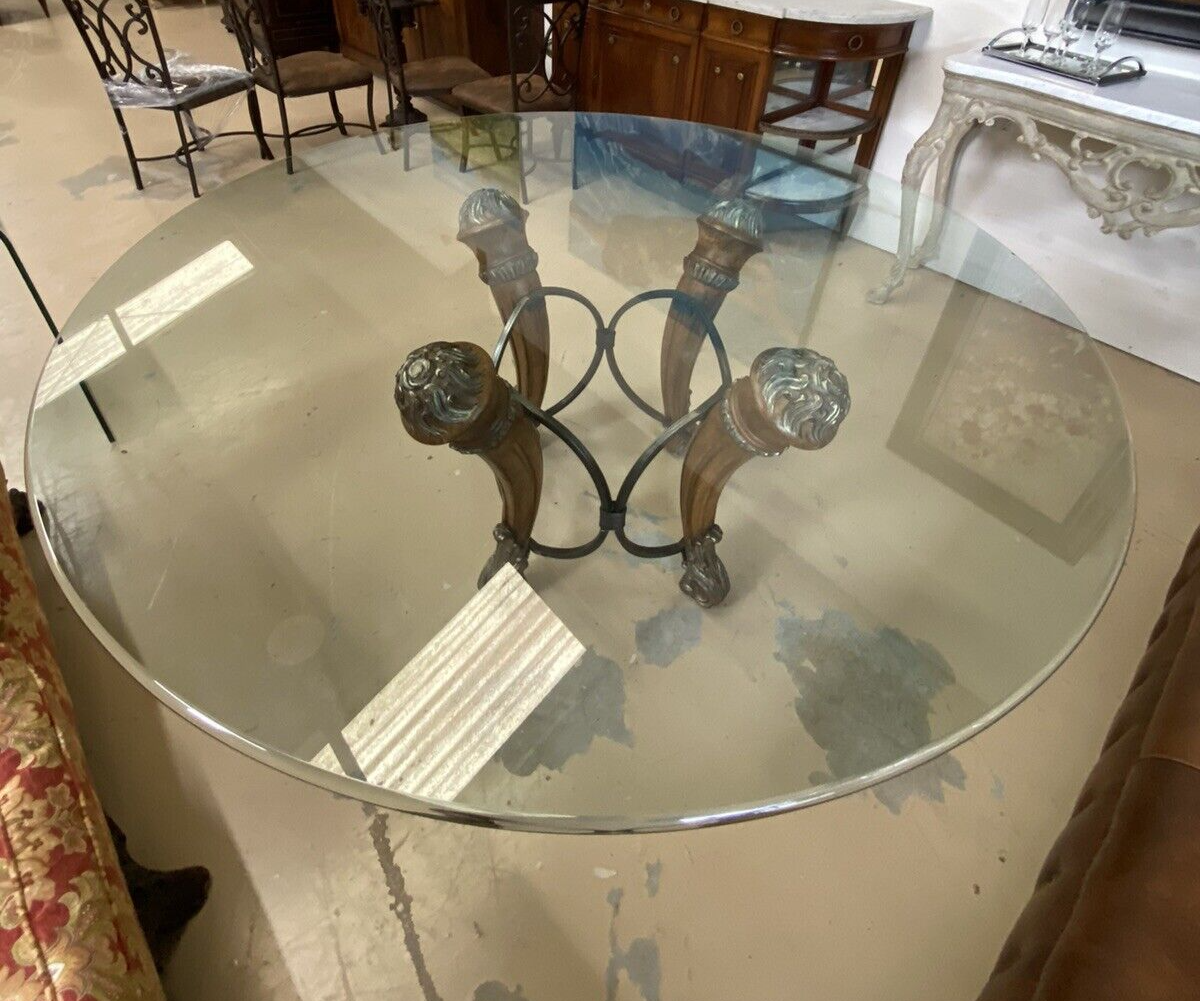 68" Round LARGE CONTEMPORARY GLASS-TOP Dining TABLE 4wood Carved & Iron Supports