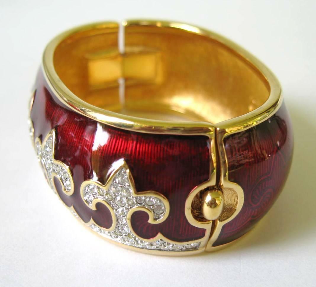 Swarovski Red Enamel Crystal Fleur De Lys Hinged Bracelet 1980s Guilloche $795
