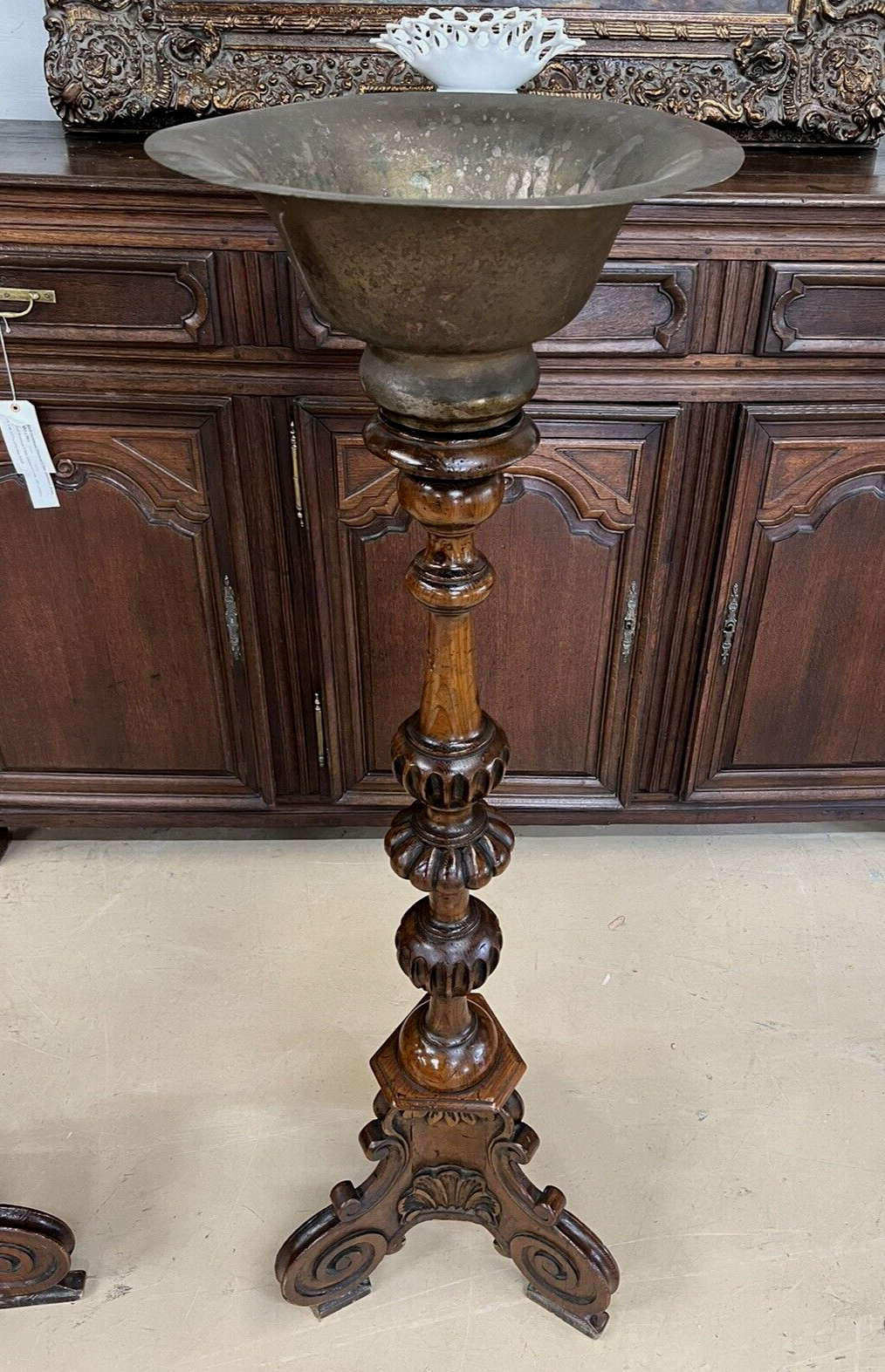 Pair of Antique French Oak Tall Pedestals brass planters jardinière entryway