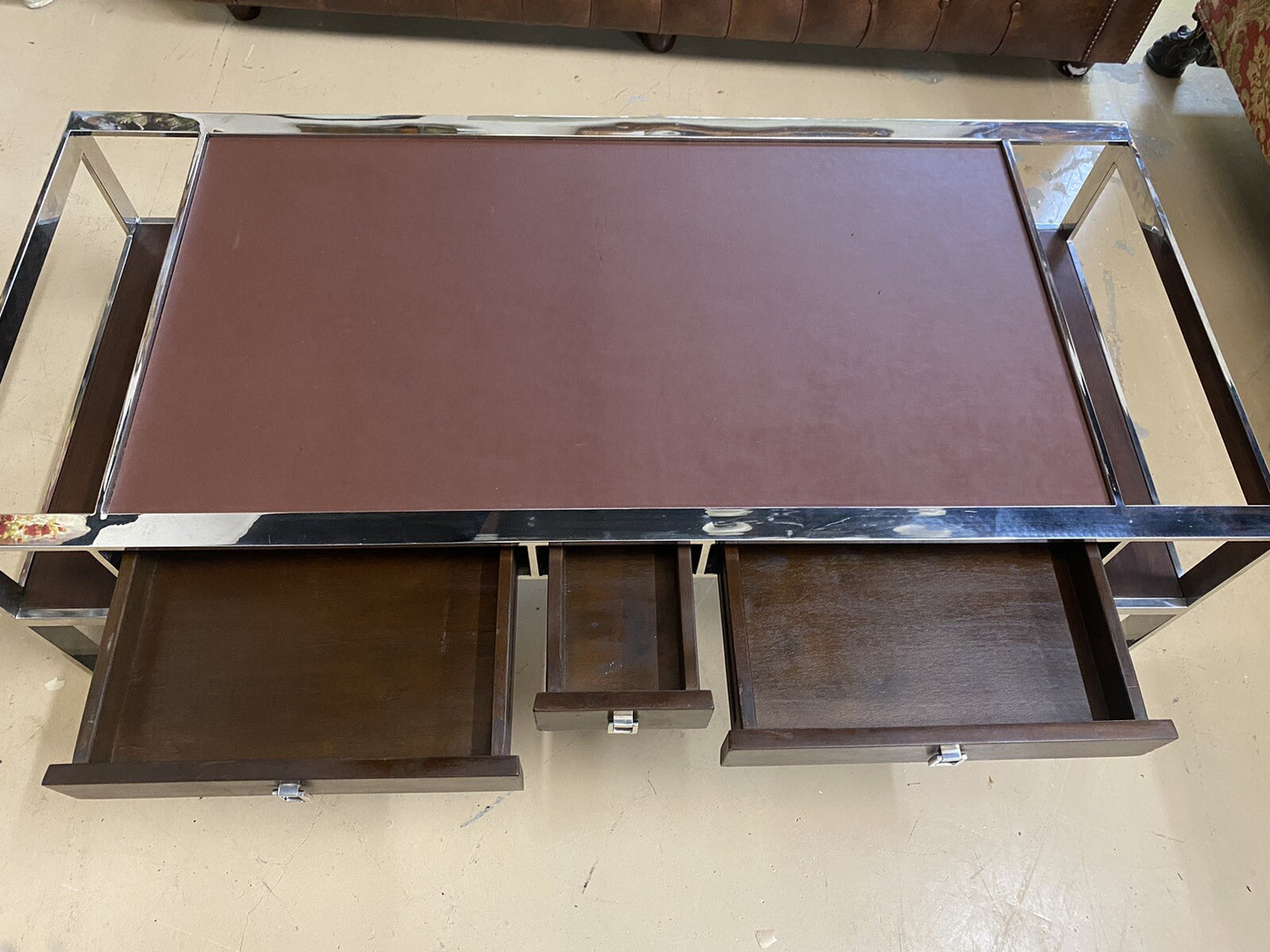 FRENCH MODERN CHROME & LEATHER COFFEE TABLE