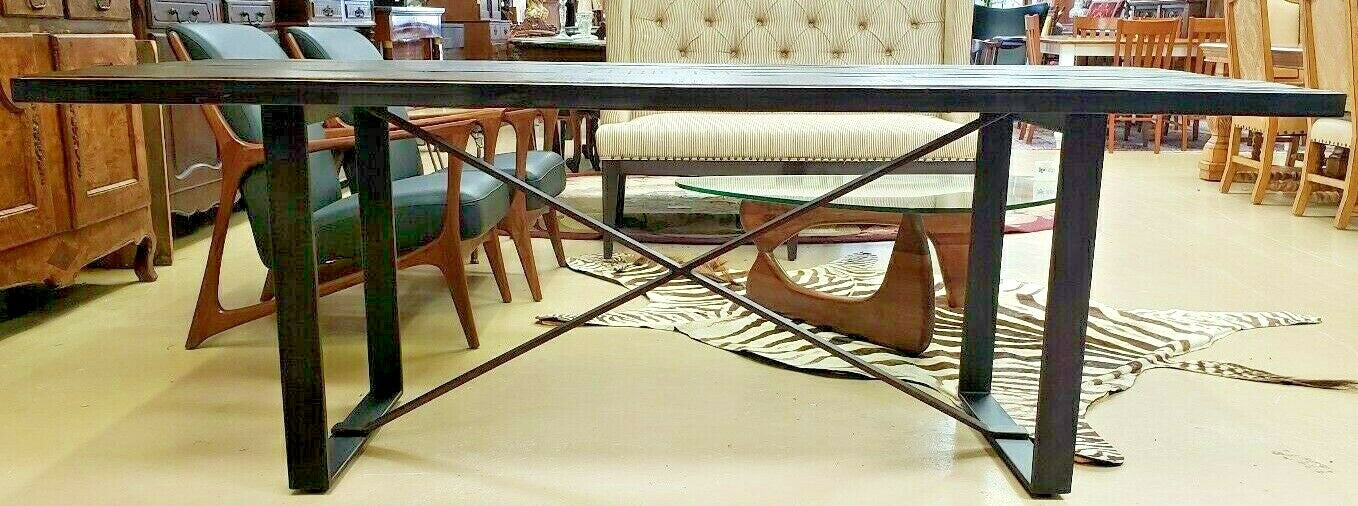 Restoration Hardware Style Metal Reclaimed Wood Table X Stretcher Dining Table