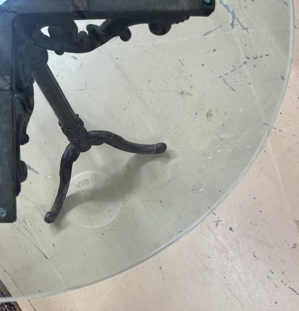 ANTIQUE FRENCH CAST IRON BISTRO/ PUB STYLE PEDESTAL TABLE W/ GLASS TOP