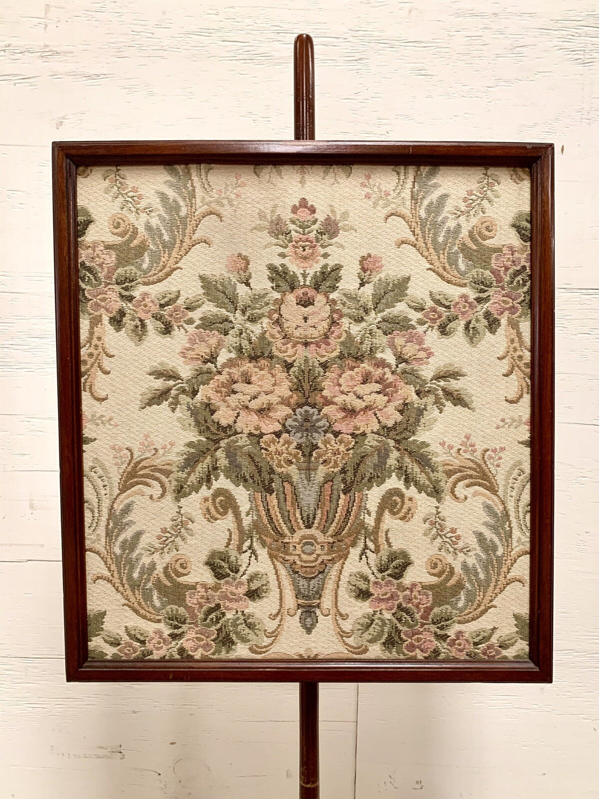 Antique Cherry Victorian Fire Pole Screen Stand w Tapestry