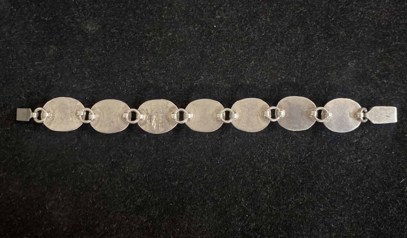 Mexican Sterling 7 Oval Links Gemstone Bracelet 7.5"  turqouise, coral 44.8g