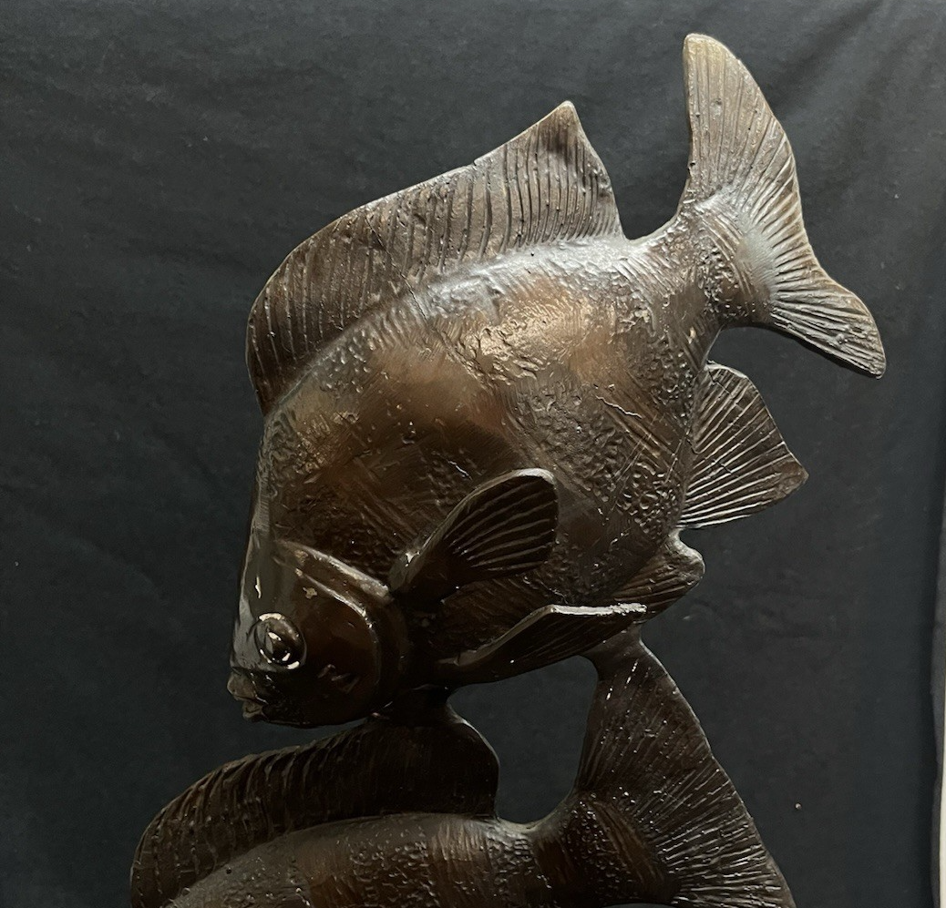 PB14 Bronze Green and Brown Three Angel Fish w/ Seaweed Sculpture/Statue 26.75"