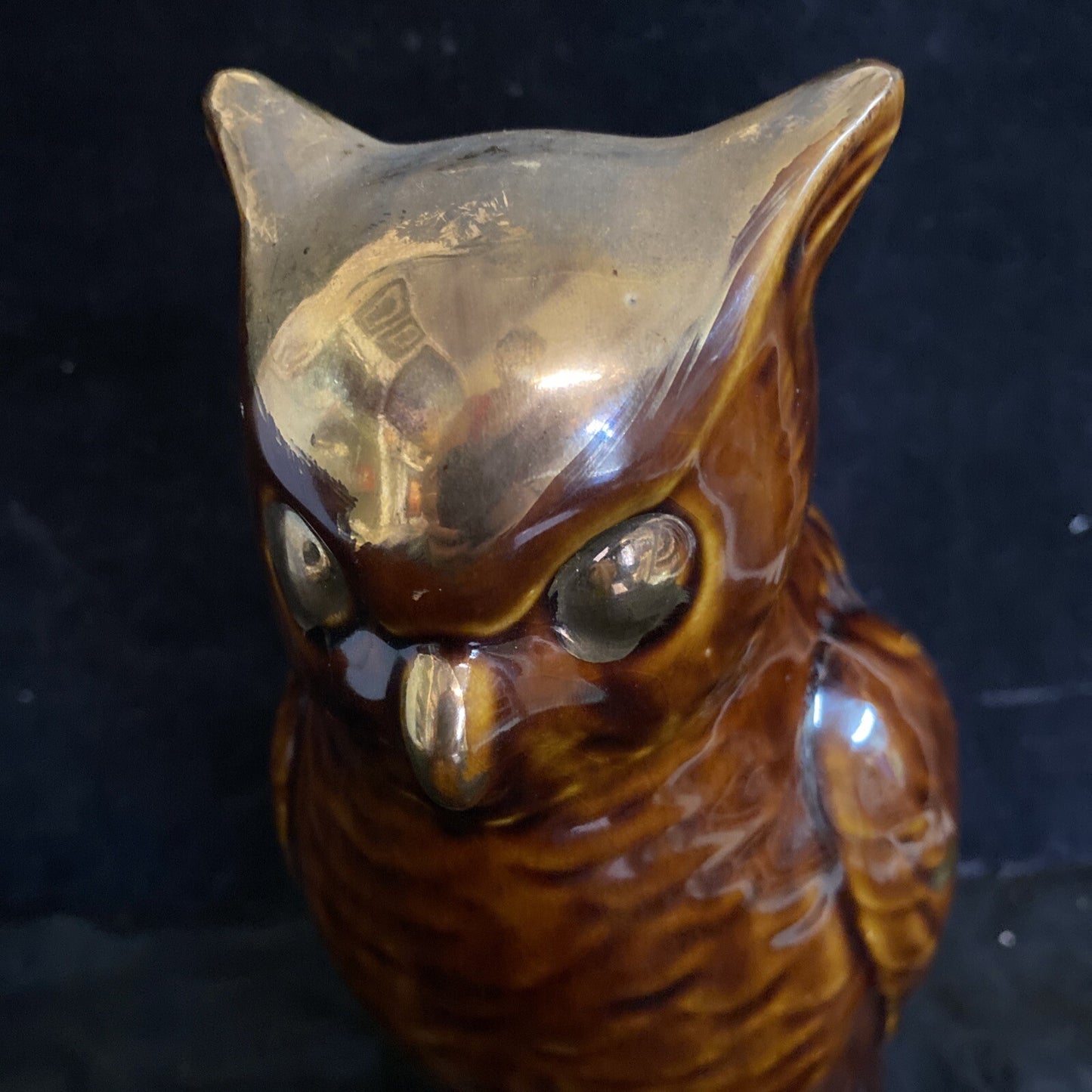 VTG Ceramic Brown & Gold Tone Owl Planter