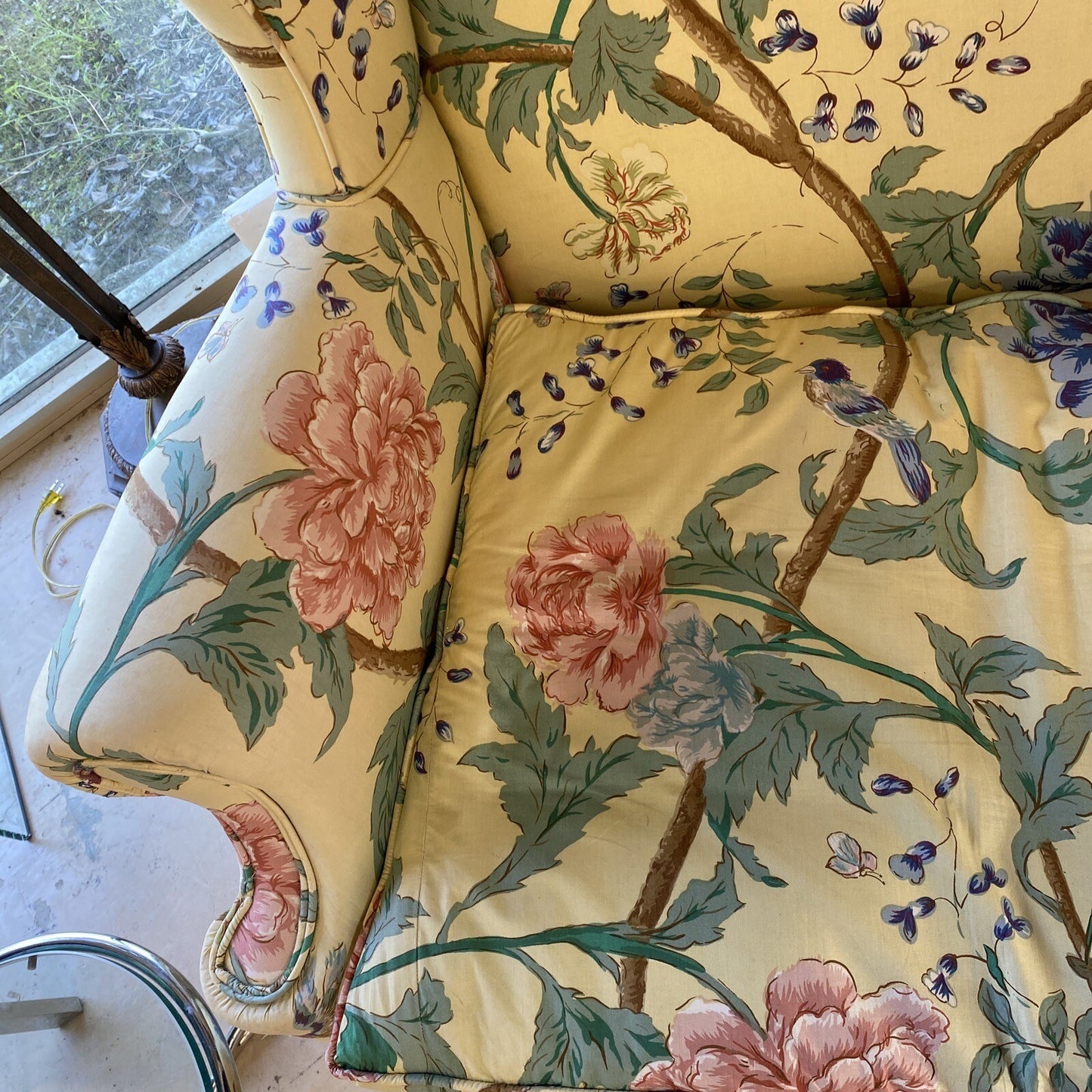 Antique Yellow Floral Queen Anne Mahogany Sofa Couch Settee Loveseat