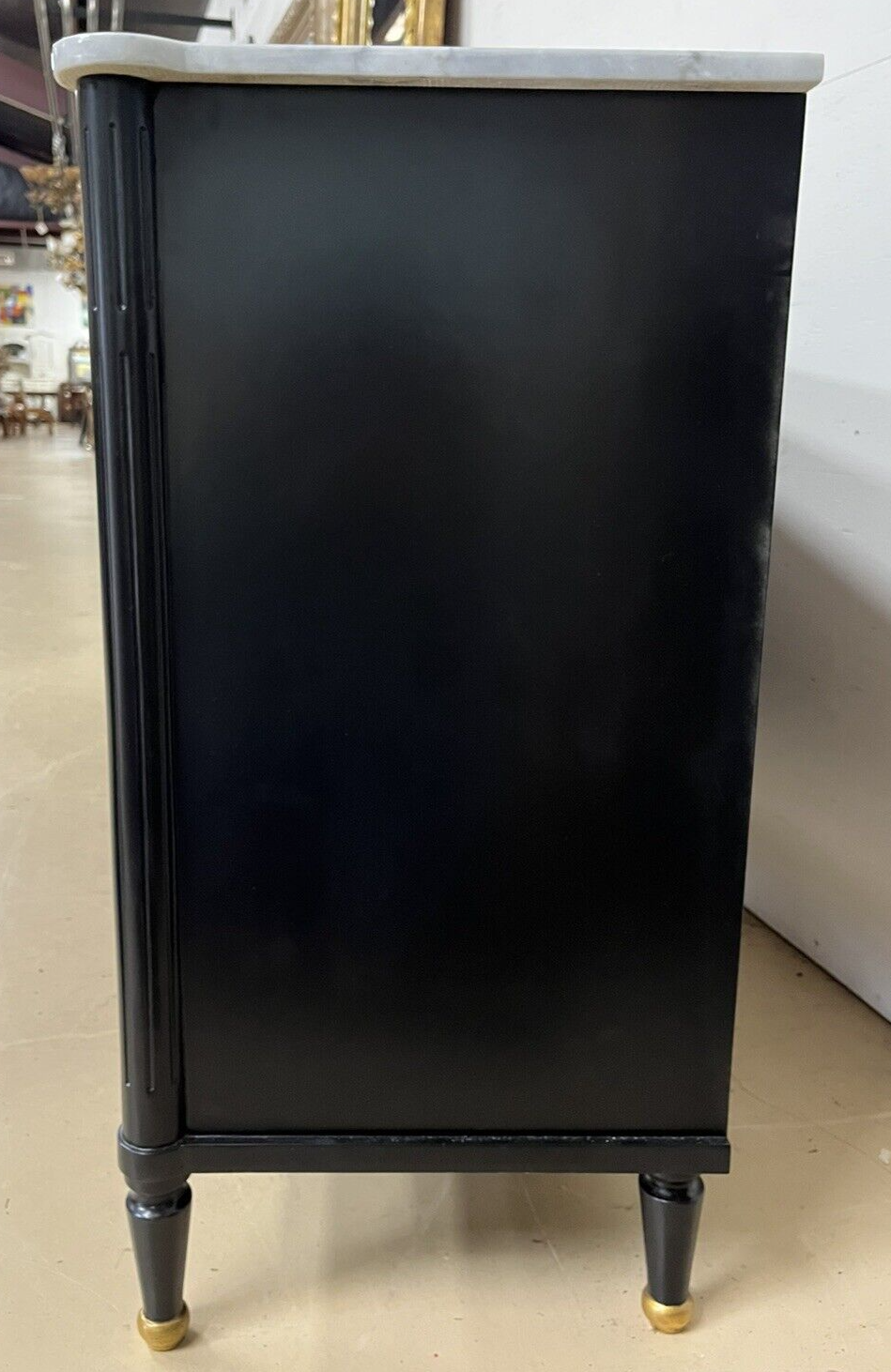 French Louis XVI Marble Top Black & Gold Cabinet Sideboard Cabinet Enfilade