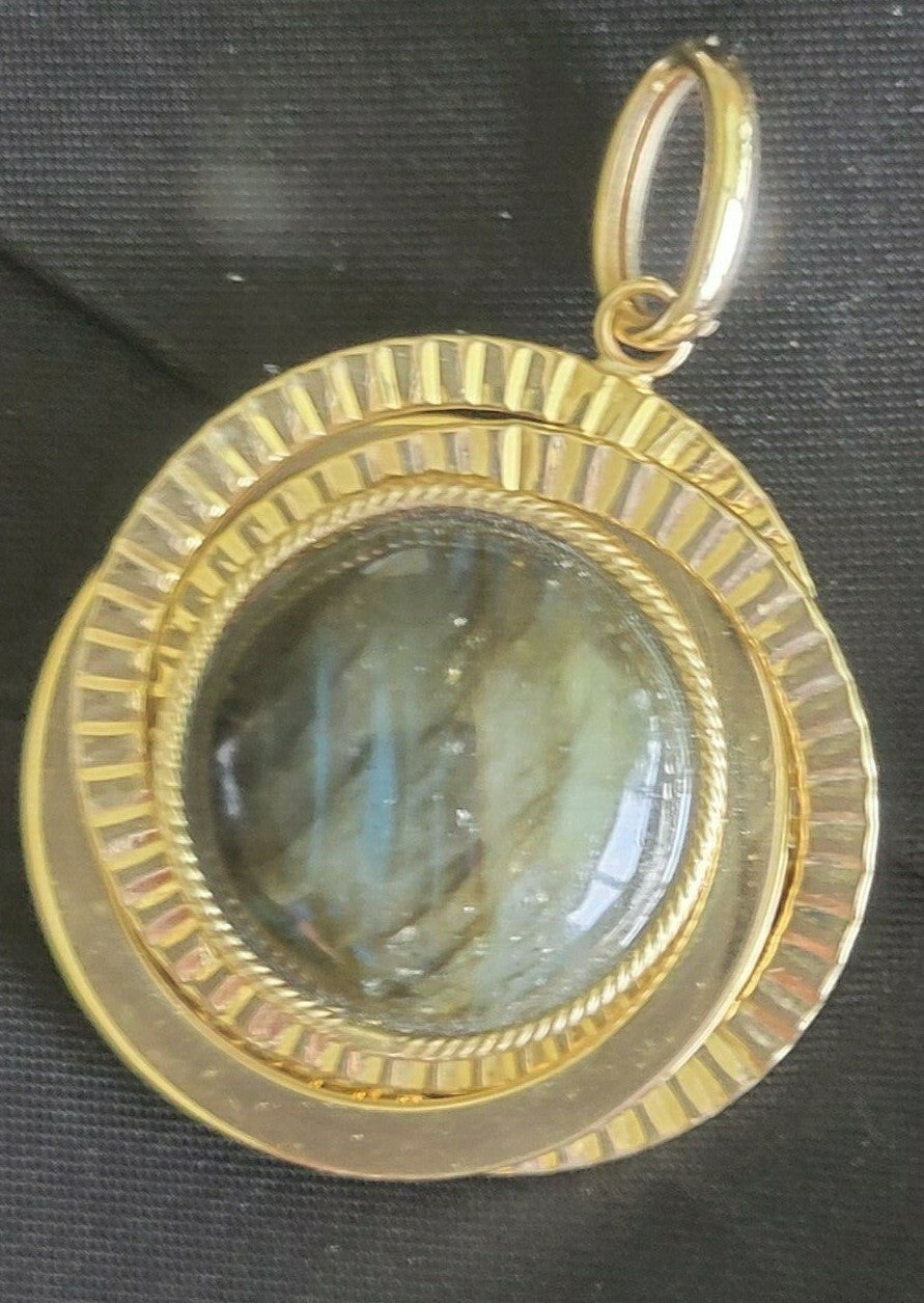 Italian Gold Reversible Druzy Quartz Labradorite Pendant 14K MSRP $595 8.3 grams