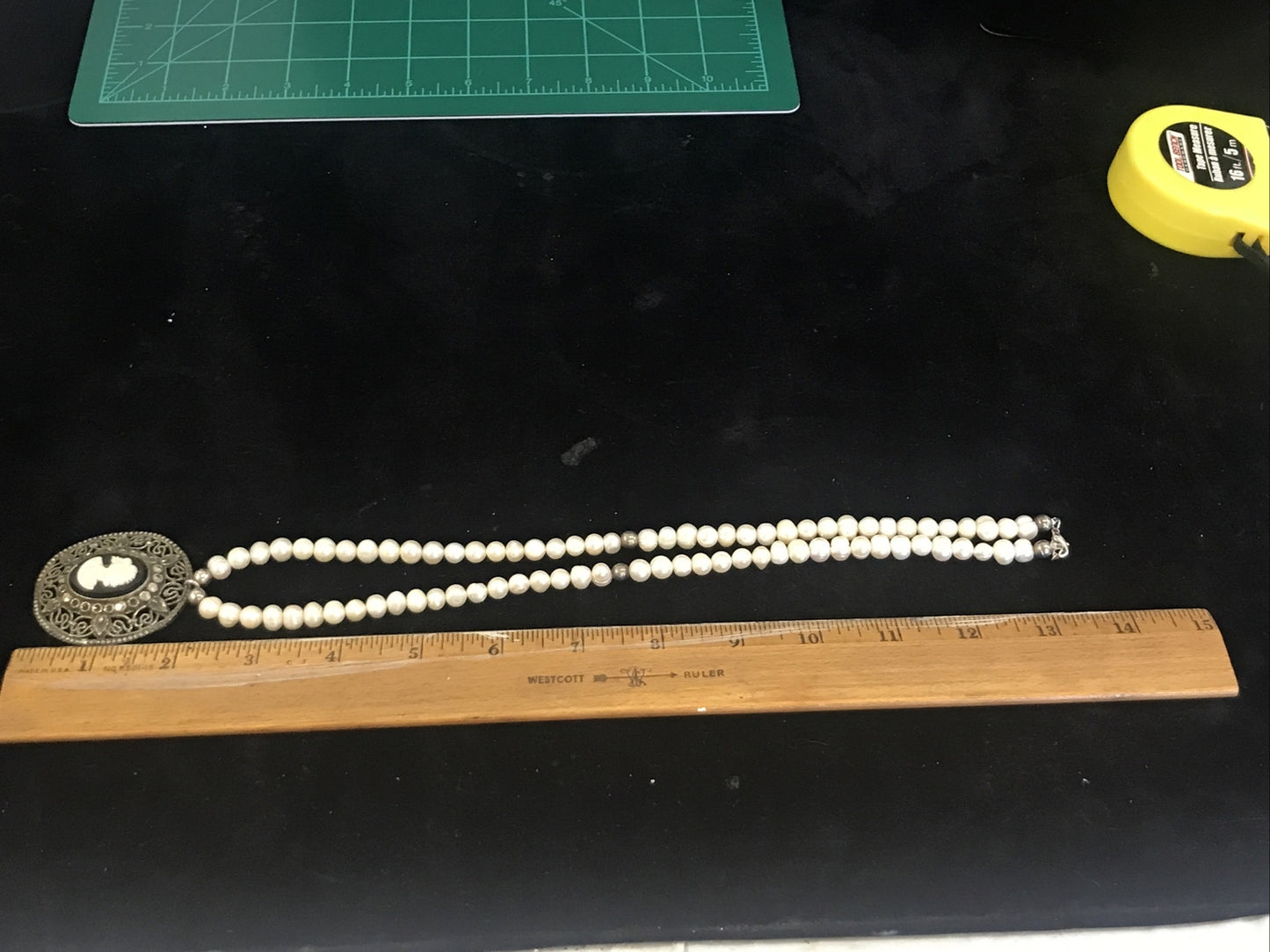 Freshwater Genuine Pearl Necklace with Vintage 2" Black White Cameo Pendant