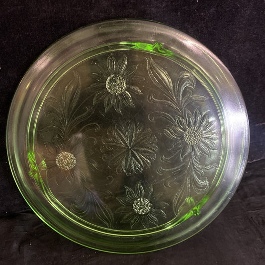 Jeanette Glass Co. 1930s Green Footed Depression Sunflower Cake Plate