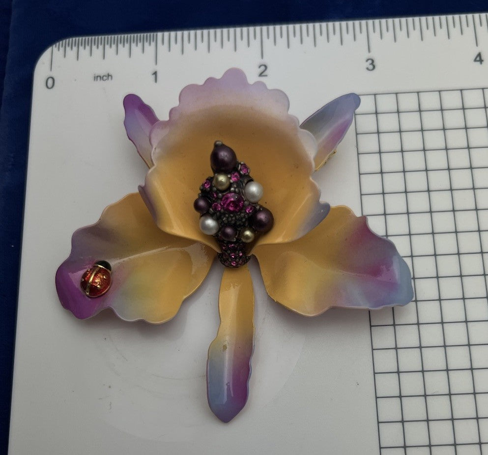 JOAN RIVERS Orchid Brooch Enamel Purple & Peach Flower Lady bug Pin Rhinestones