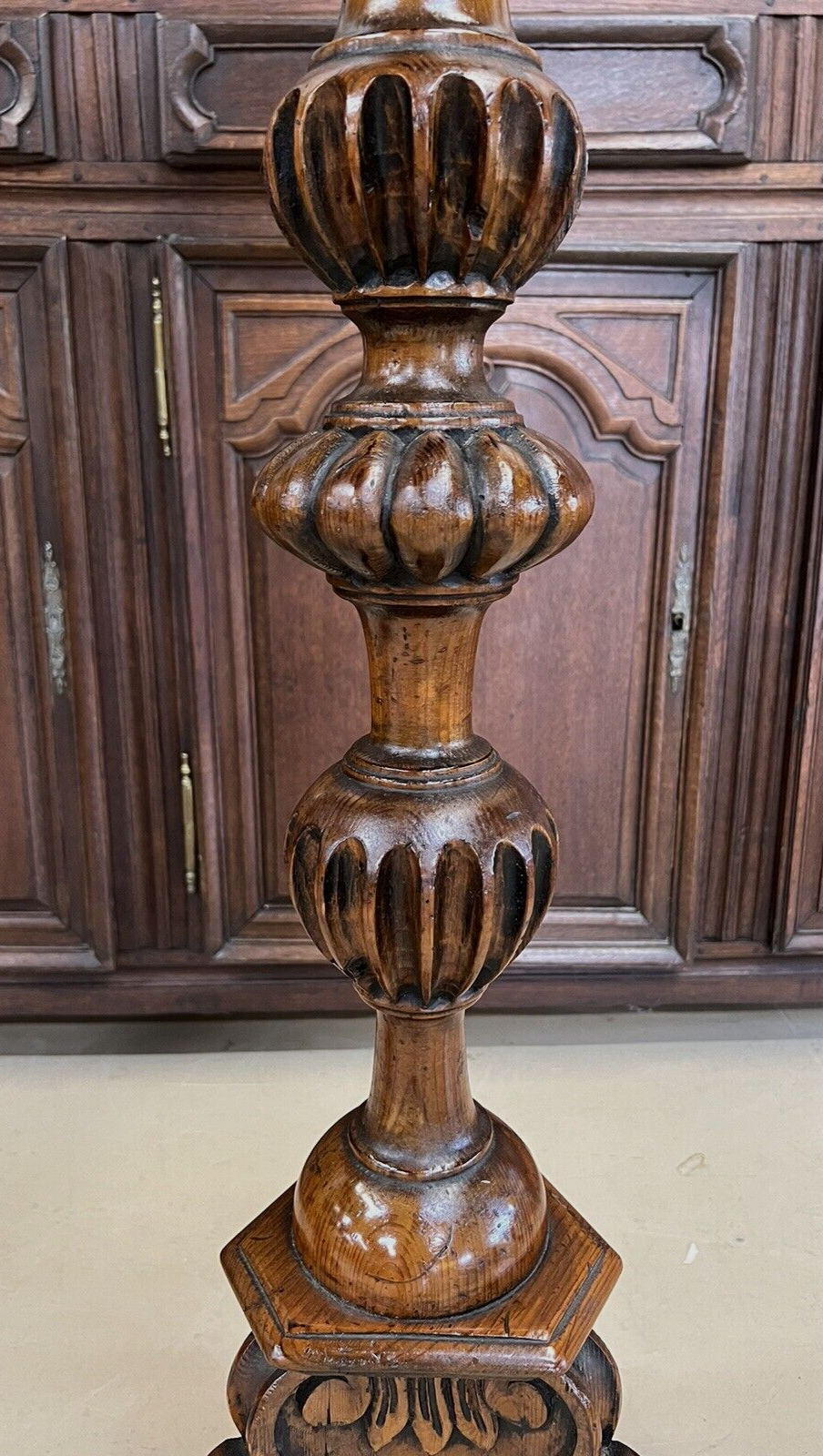 Pair of Antique French Oak Tall Pedestals brass planters jardinière entryway