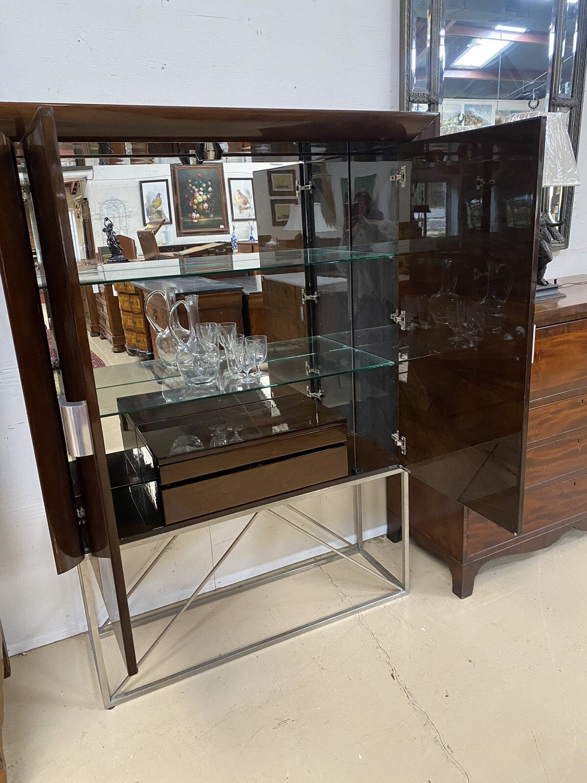 5th AVENUE BY MALERBA ITALIAN LACQUERED MAHOGANY LIQUOR DISPLAY CABINET BAR