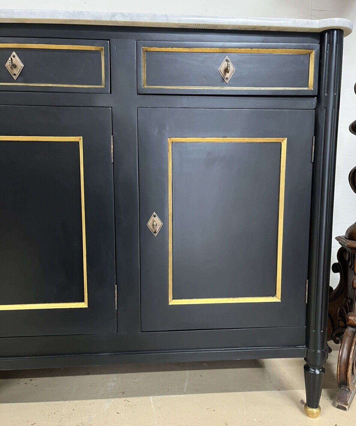French Louis XVI Marble Top Black & Gold Cabinet Sideboard Cabinet Enfilade
