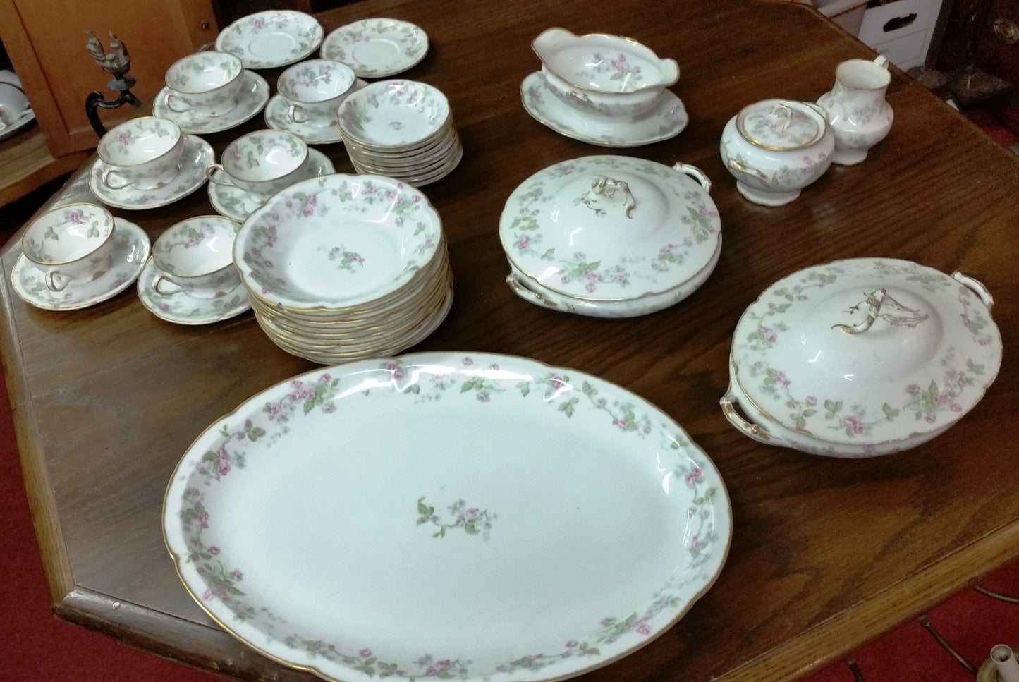 T Haviland 18" Oval Platter 1903 Pink Roses/Green Leaves/Sm Gray Flowers S161V