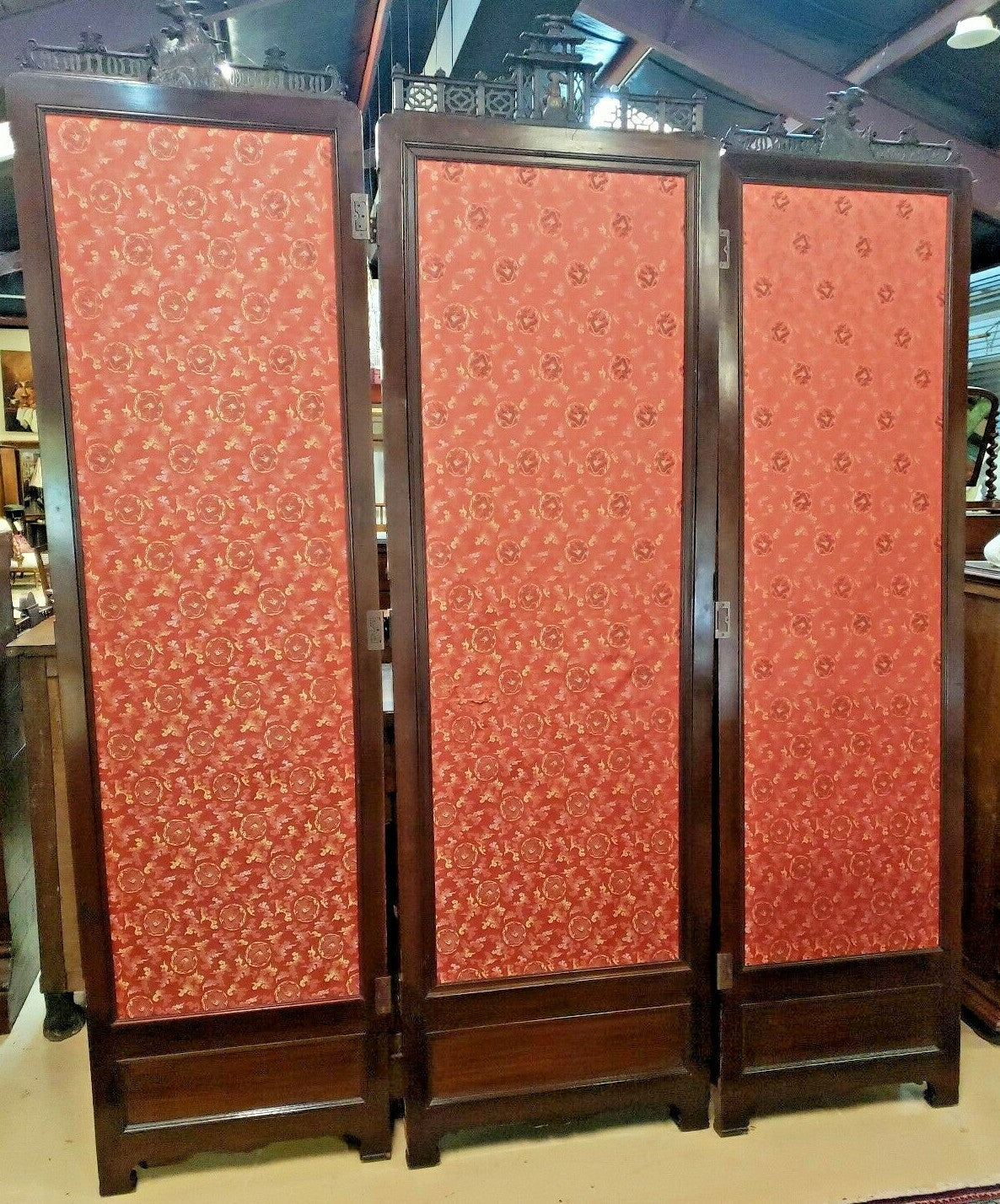 3 Panel Antique Chinese  Floor Screen H 88" x W 72"  Fine Carved Dragons Pagoda