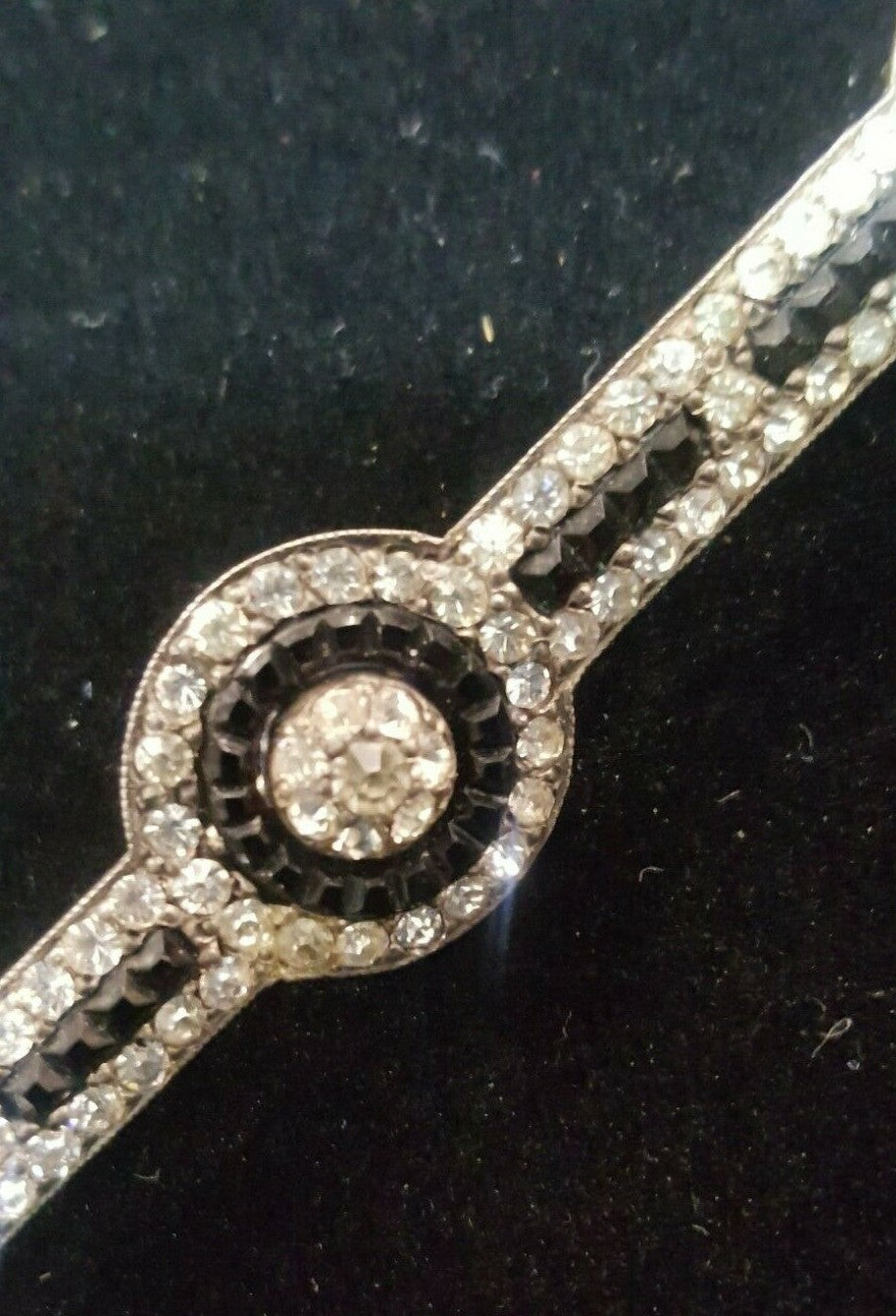 Rare Art Deco Onyx, Diamanté & Sterling Bar Brooch by Fishel, Nessler 1920's