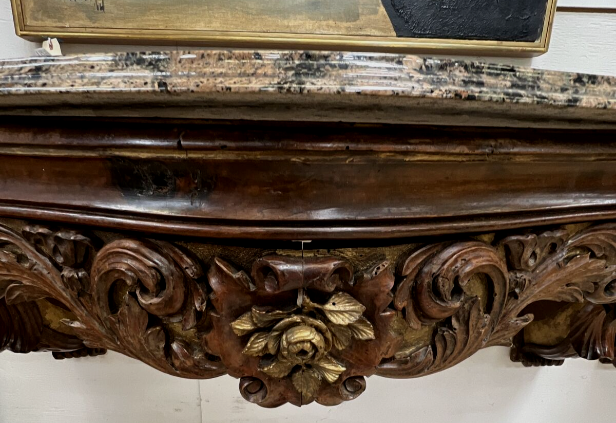 Pair French Rococo Carved Gilt Walnut Wall Mounted Consoles 47” Window Shelf