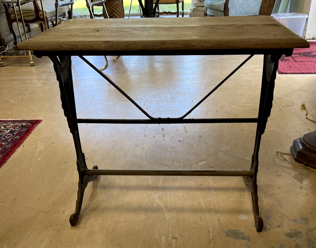 Antique French Art Deco bistro table w/ cast iron base natural white oak top